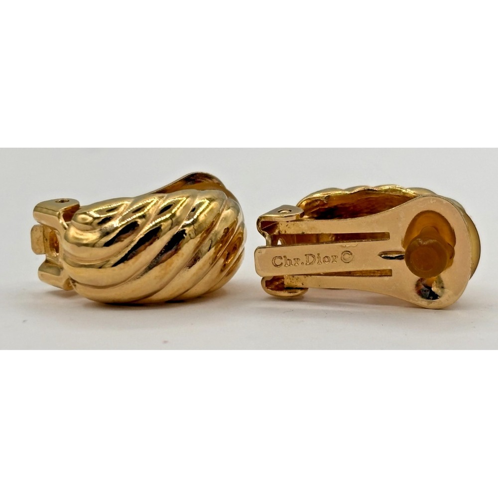 Authentic Vintage Christian Dior GoldTone‎ Ribbed Clip On Earrings Gadroon EUC